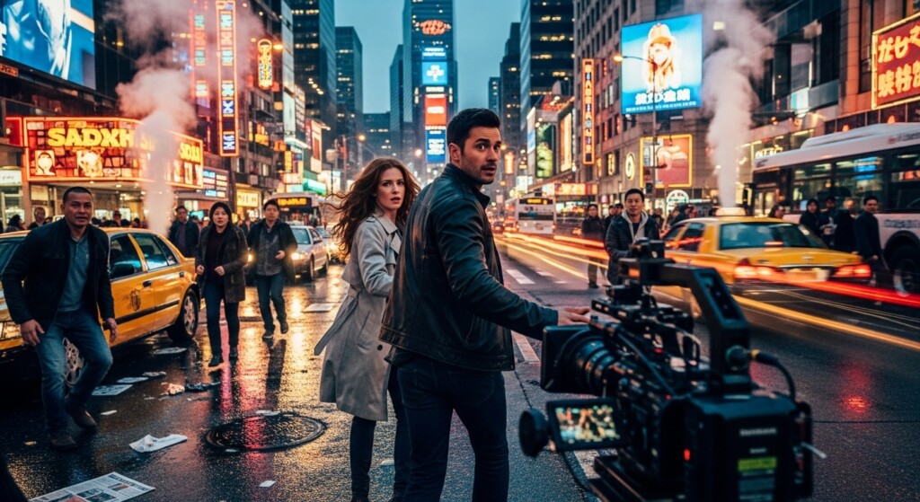 long take camera rig following actors through chaotic urban environment