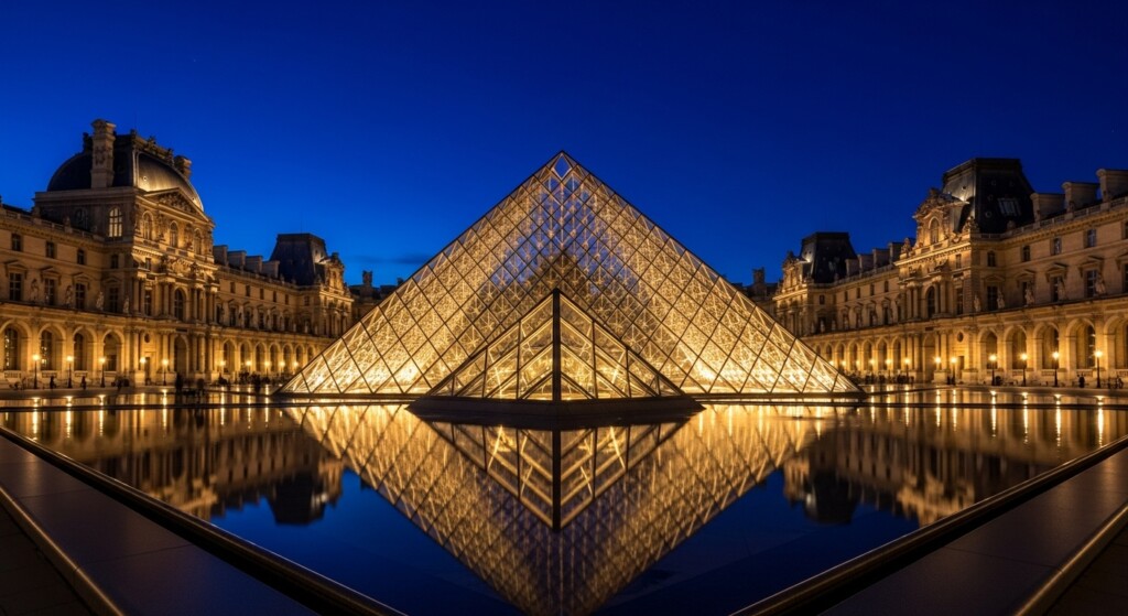 louvre glass pyramid illuminated at night glowing in courtyard