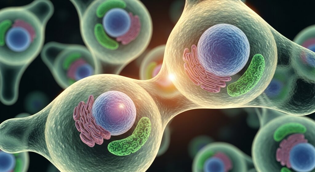 microscopic illustration of human cells with 3D structure and glowing membranes