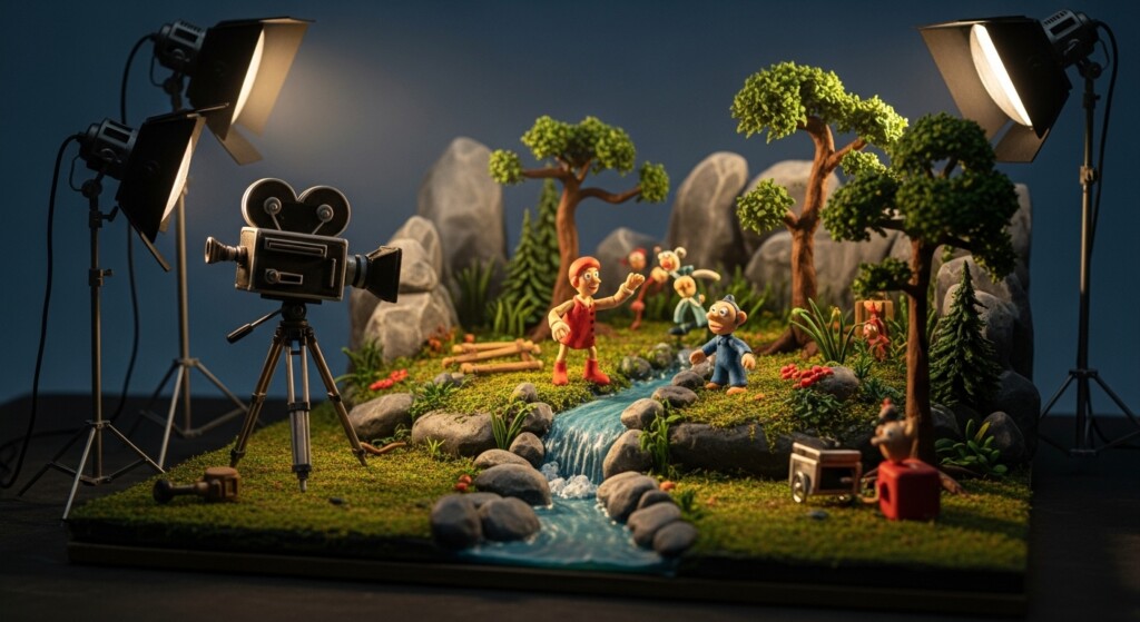 miniature stop motion set with clay puppets and camera setup