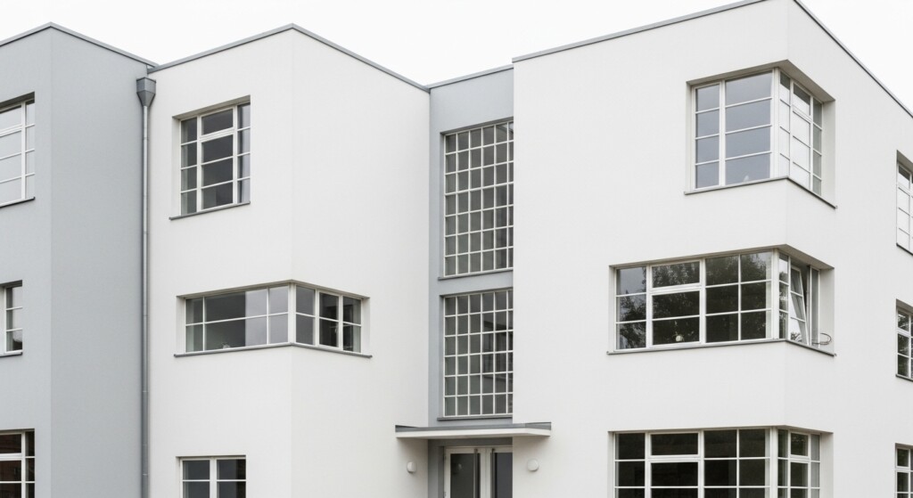 minimalist bauhaus building with geometric shapes white and gray walls simple windows