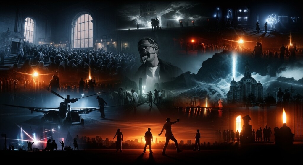 montage of iconic film shots from various eras with dramatic lighting and framing