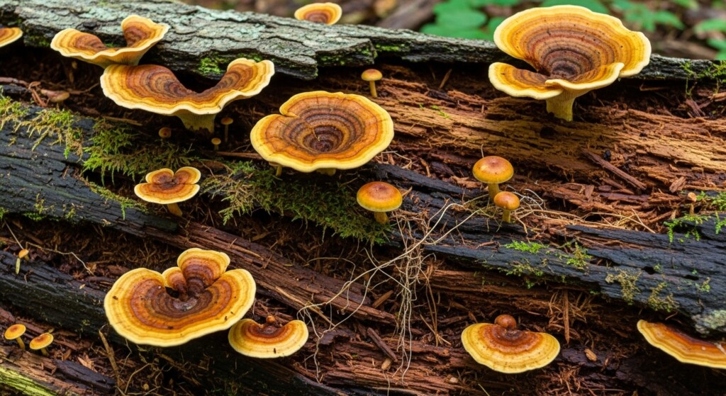 mushroom cluster growing on decayed wood showing decomposition process