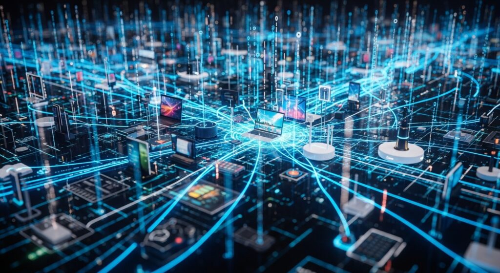 network of smart devices connected by glowing data lines