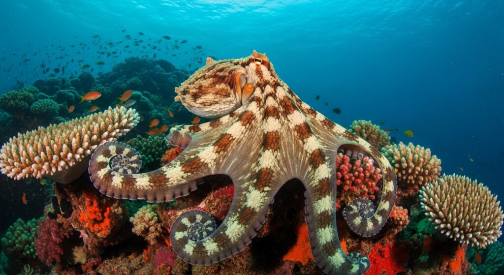 octopus camouflaging with coral reef color patterns