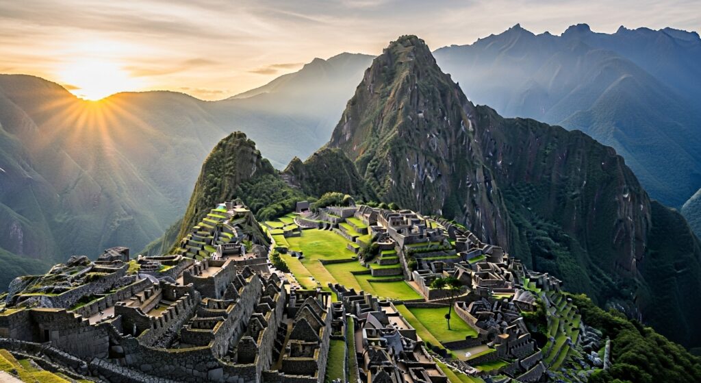 panoramic sunrise view of Machu Picchu surrounded by green peaks
