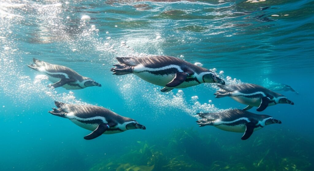 penguins diving underwater with bubble trails