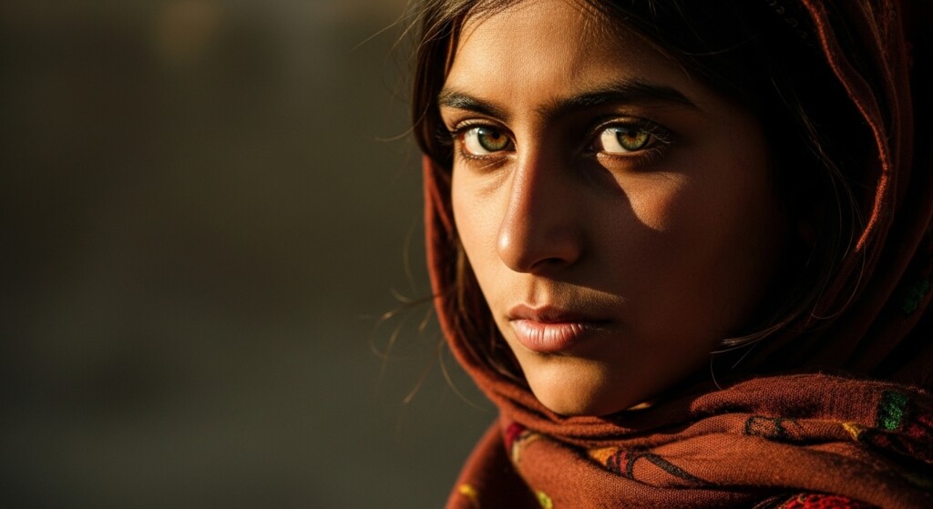 portrait inspired by afghan girl style intense eyes soft lighting backdrop