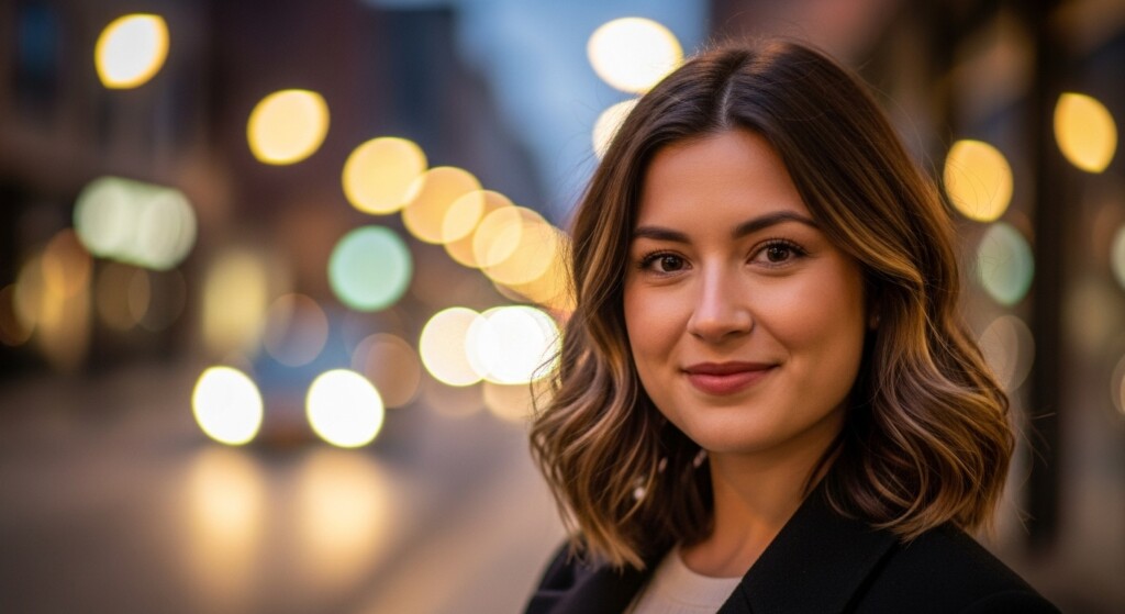 portrait with shallow depth of field bokeh lights behind subject