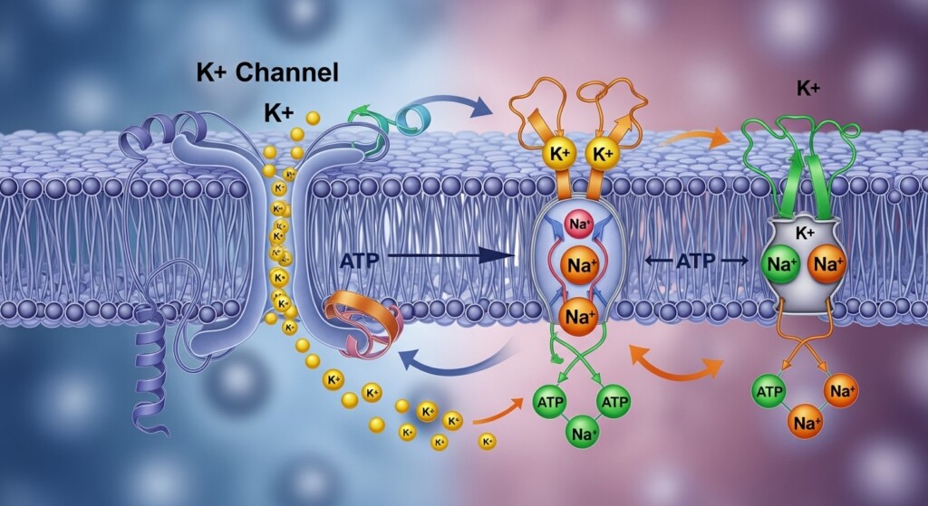 potassium ions moving across cell membranes illustrated
