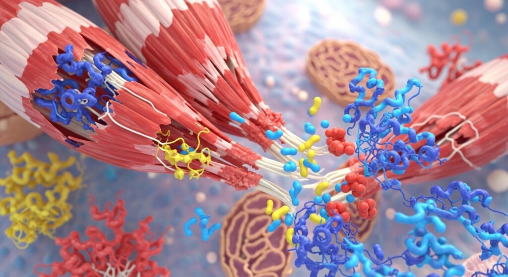 protein molecules forming muscle fibers and cellular repair