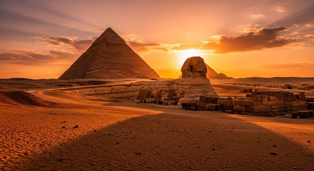 pyramids with dramatic shadows and warm sunset sphinx in background