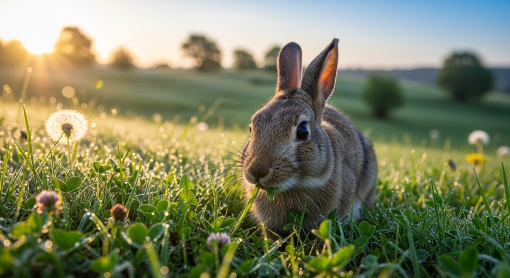 rabbit eating green vegetation in natural habitat