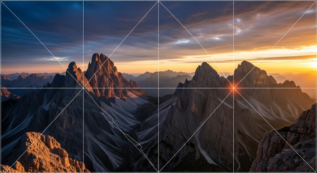 rule of thirds grid superimposed over scenic photo mountains and sky