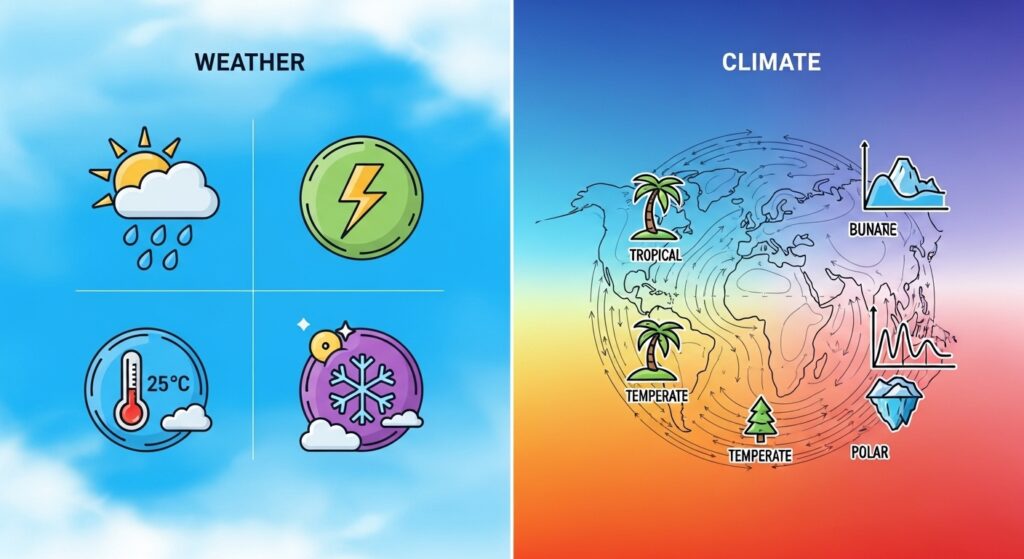 side by side illustration showing daily weather symbols vs long term climate patterns