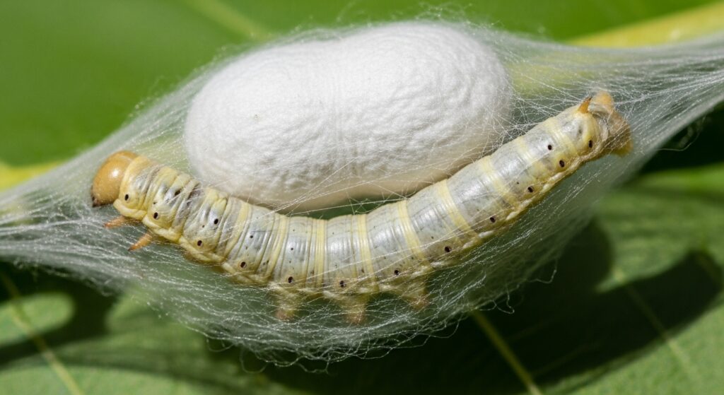 silkworm spinning white silk cocoon around itself