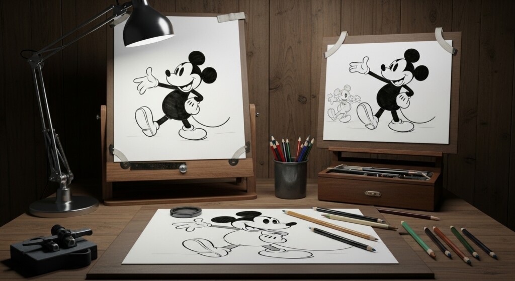 sketch desk with vintage mickey mouse drawings and old animation tools