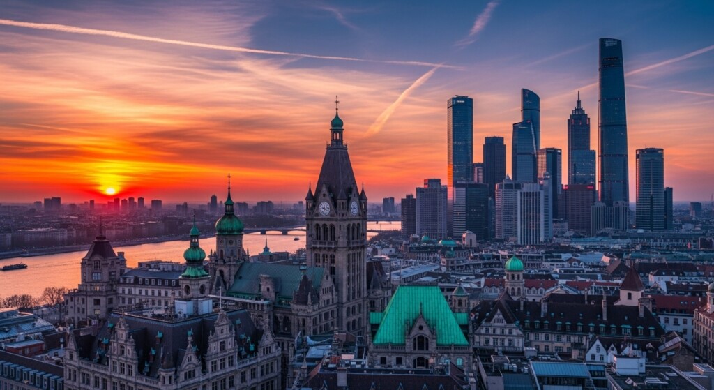skyline blending historic architecture with modern skyscrapers under dramatic sunset
