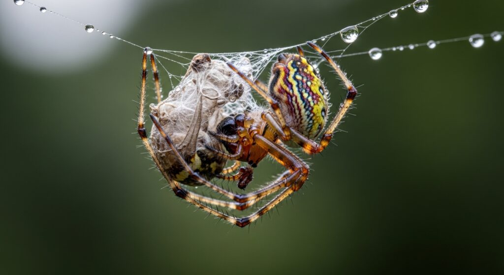 spider molting its exoskeleton hanging from silk thread
