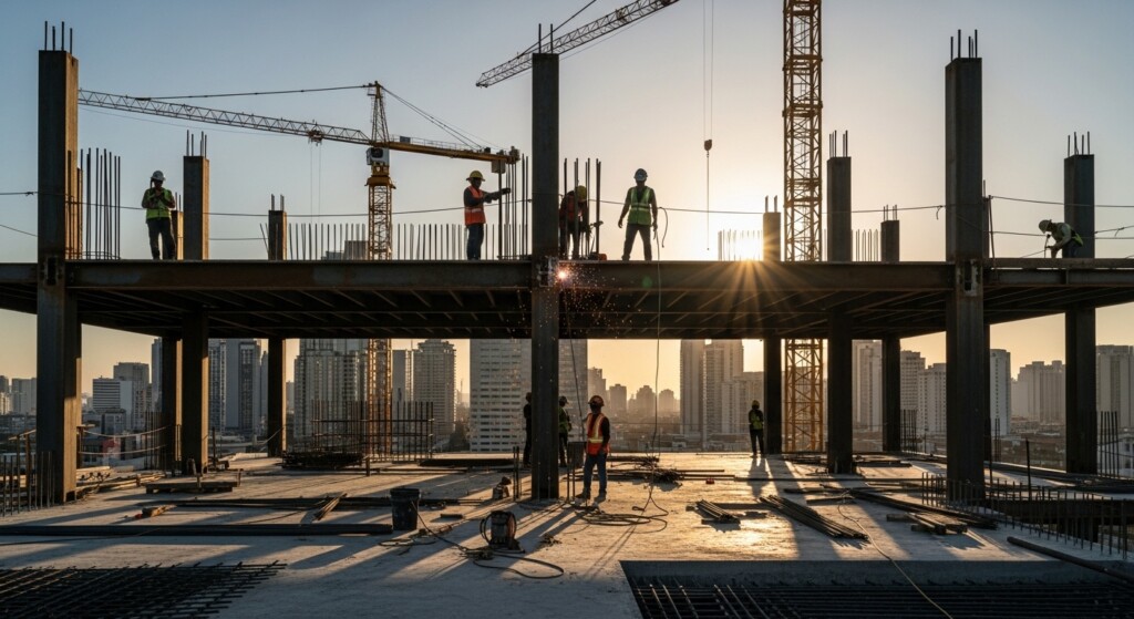 steel skeleton of skyscraper under construction workers and beams