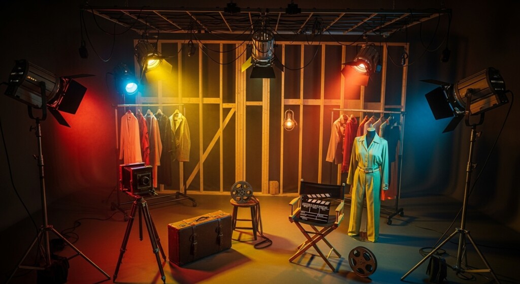stylized film set with lighting props costumes arranged harmoniously