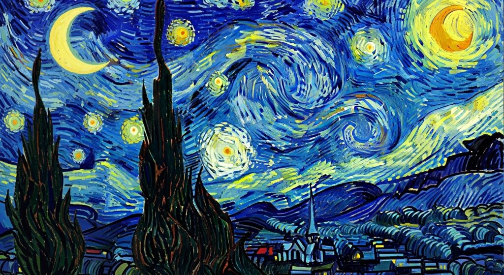 swirling night sky inspired by Starry Night deep blues and bright yellows painterly style