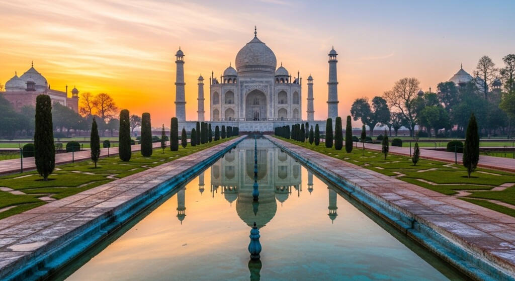taj mahal at sunrise reflecting in long water canal symmetrical composition