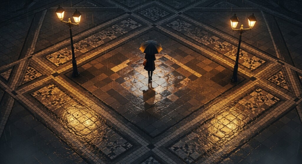 top down view of character walking alone on patterned street