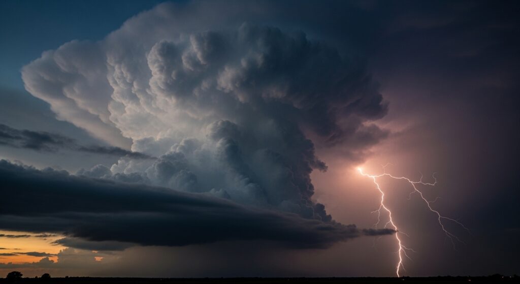 towering cumulonimbus cloud with lightning strike in distance