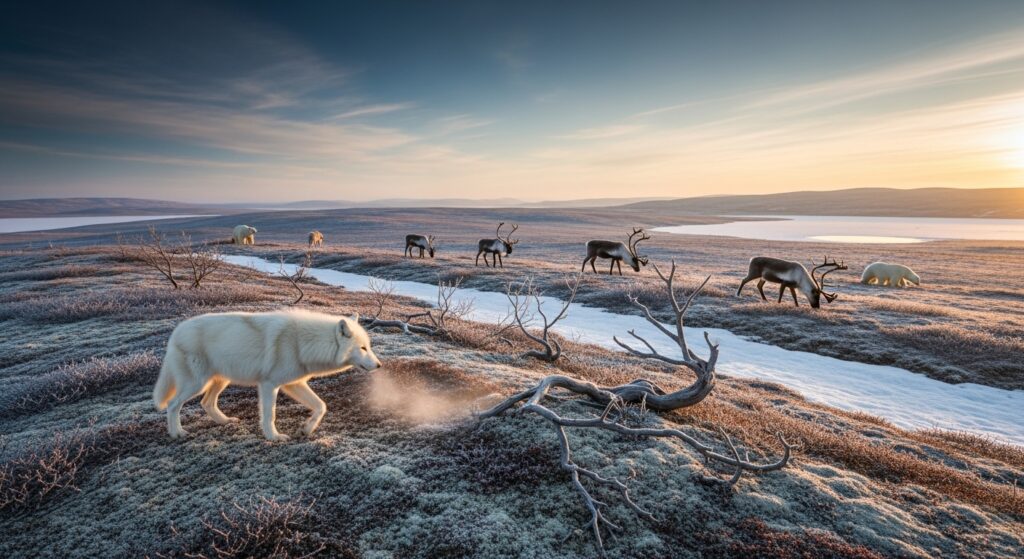 tundra landscape with low shrubs snow patches and arctic animals