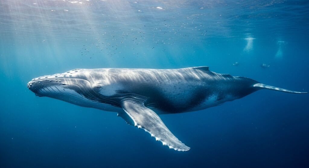 underwater scene showing massive blue whale swimming with sunbeams filtering through water