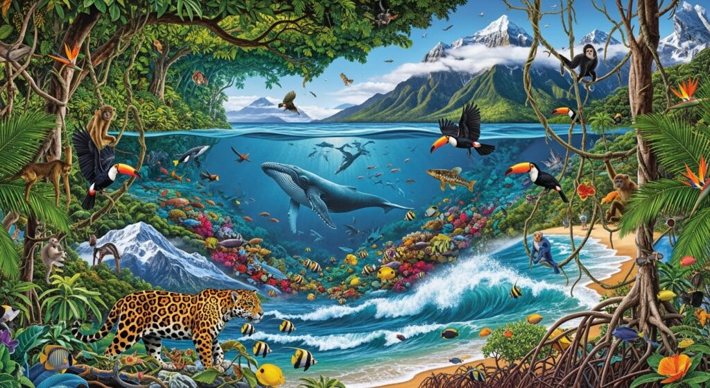 vibrant collage of jungles oceans animals and mountains blending together