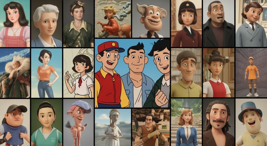 vibrant montage of 2d and 3d animated characters sketch sheets and animation timelines