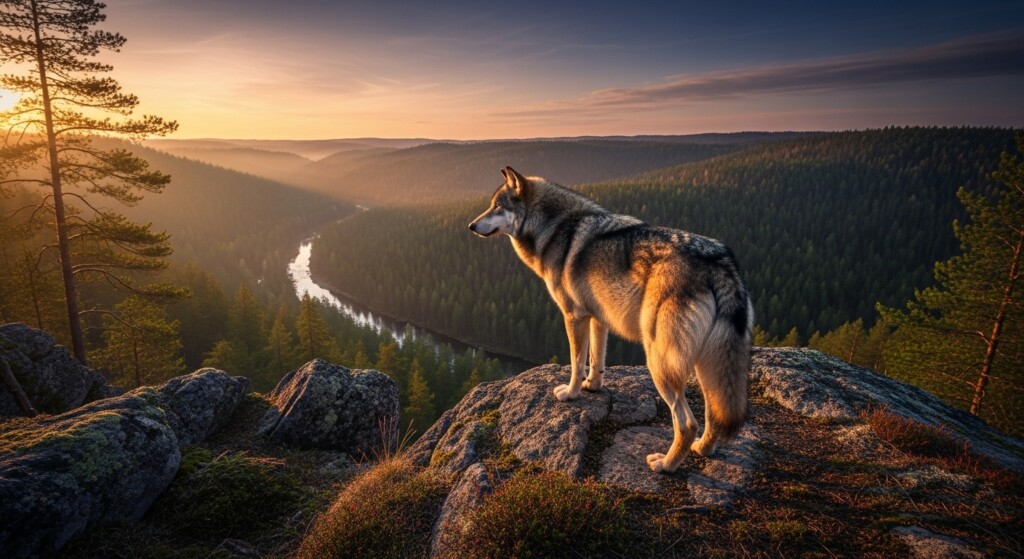 wolf overlooking forest valley symbolizing apex predator role