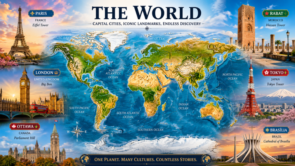 stunning world map surrounded by iconic capital city landmarks including Eiffel Tower, Big Ben, Hassan Tower, Tokyo Tower, Parliament Hill, and Brasília Cathedral, vibrant educational travel poster style